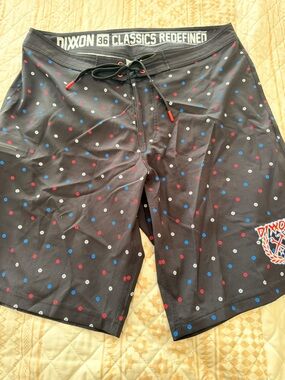 DIXXON Black Board Shorts with Red, Blue & White Dot Print